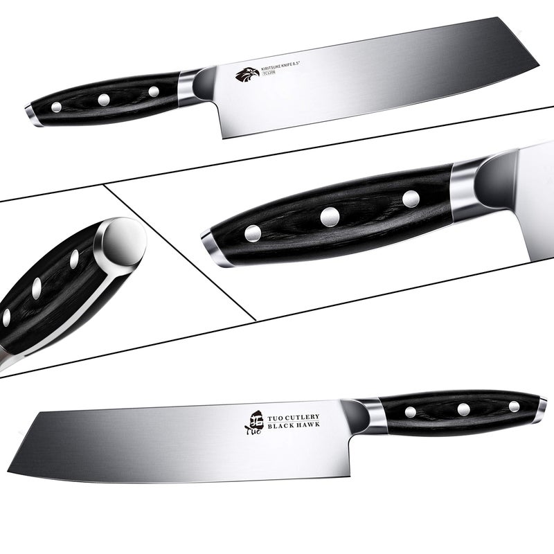 TUO سكين كيريتسوكه TUO - سكين شيف كيريتسوكه بطول 8.5 بوصة - سكين خضار ولحم ياباني - فولاذ ألماني HC - مقبض باكاوود كامل - سلسلة بلاك هوك مع علبة هدايا - Image 4